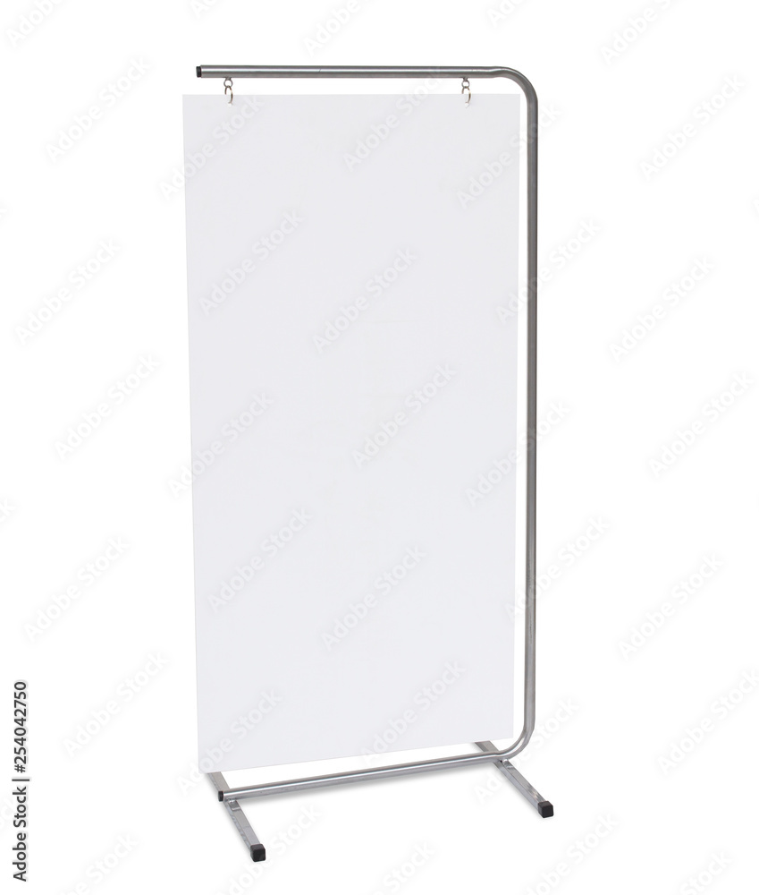 A blank advertisement Display on a steel stand in a shop, isolated with white background