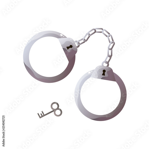 Steel handcuffs with key isolated on white background