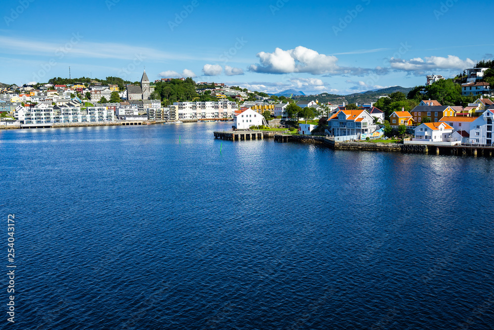 View of Kristiansund in a clear sunny day with colorful Norwegian houses and buildings, More og Romsdal, Norway