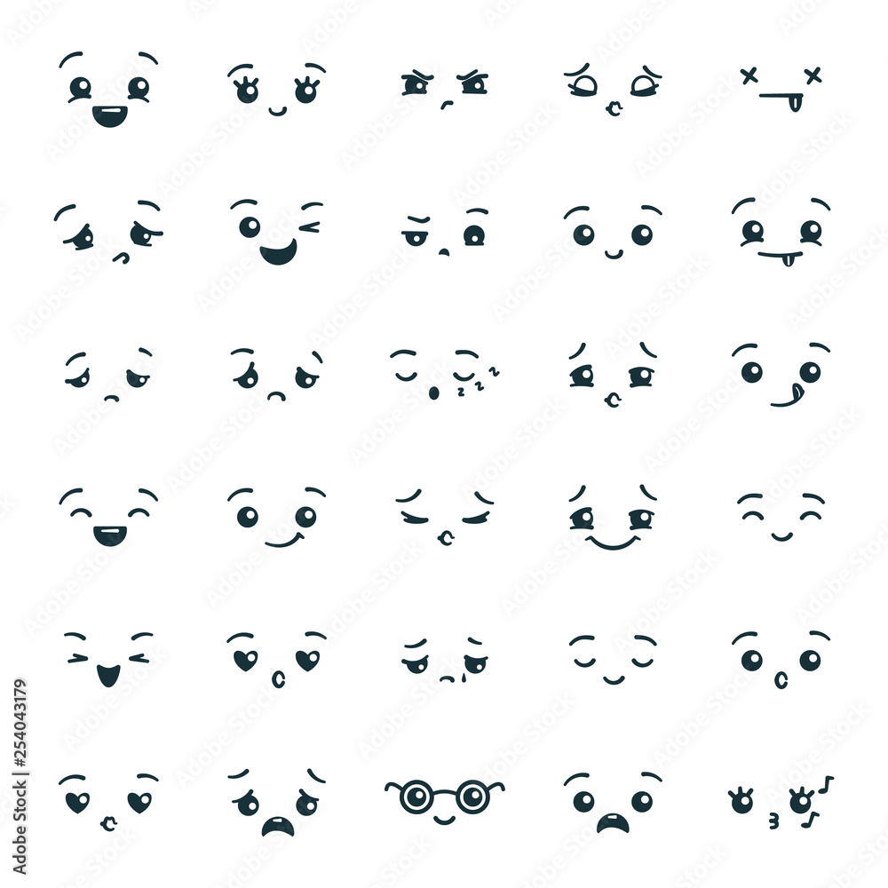 Set of cute kawaii emoticons emoji. Expression faces in the style ...