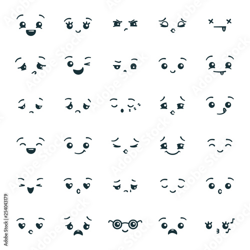Set of cute kawaii emoticons emoji. Expression faces in the style of Japanese anime, manga. Vector illustration.