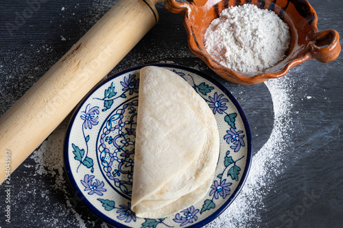 Mexican flour tortillas and ingredients