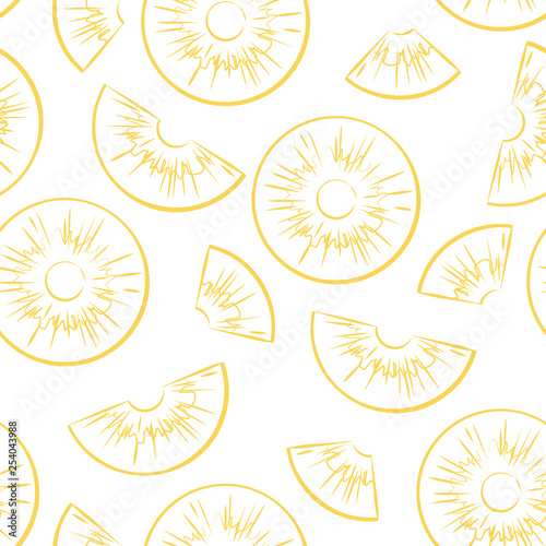 Seamless pattern from outline sliced pineapple pieces on a white background.