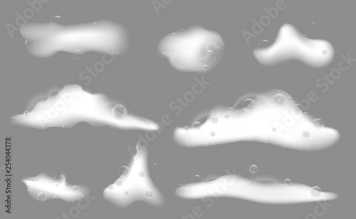 Bath foam soap isolated on grey background. Set of bath foam shampoo bubbles texture.Liquid vector white shaving, mousse. - Vector  photo