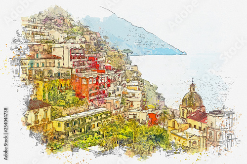 Watercolor sketch or illustration of the view of Conca dei Marini - a commune in Italy, located in the Campania region
