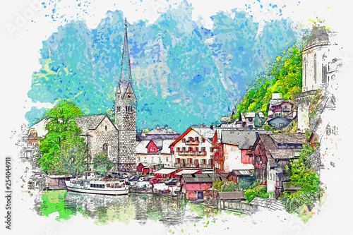 Watercolor sketch or illustration of a beautiful view of the small cozy town of Salzkammergut (Hallstatt) in Austria