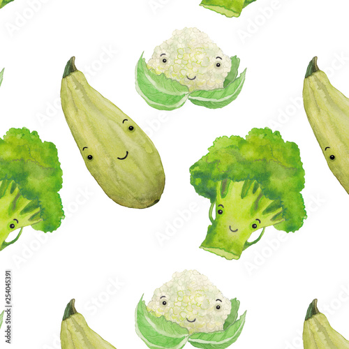 Watercolor vegetable pattern, broccoli, zucchini, cauliflower on white background 