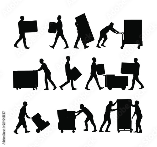 Delivery man carrying boxes of goods vector silhouette. Post man with package. Distribution storehouse. Boy holding heavy load moving service. Handy man move action. Hand transportation method by cart