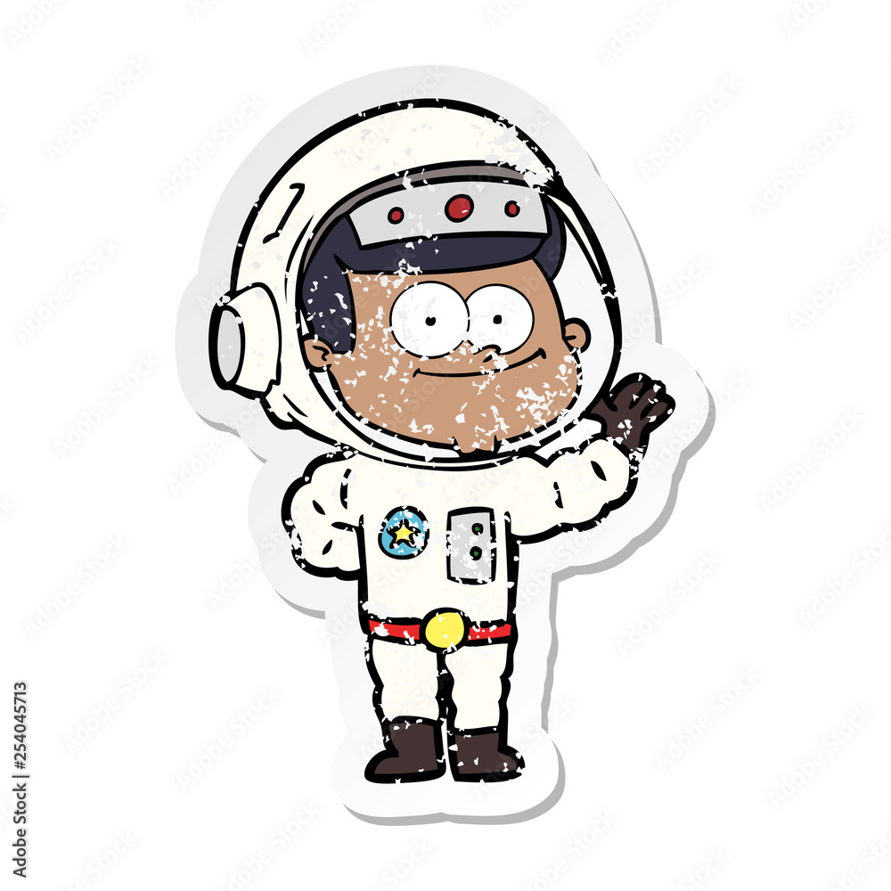 distressed sticker of a happy astronaut cartoon