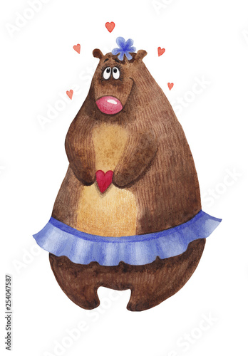 watercolor bear with a heart in the hands on a white background.