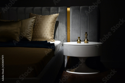 Wooden nightstand and Bed