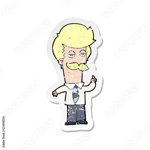 retro distressed sticker of a cartoon mna with mustache explaining