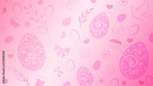 Background of eggs, flowers, cake, gift box and other Easter symbols in pink colors