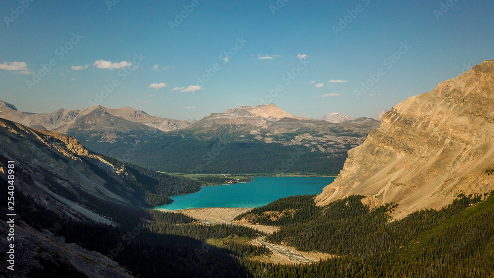 Aerial View Of Bow Lake and the Glacier Lake Waterfall at Banff National Park in Canada