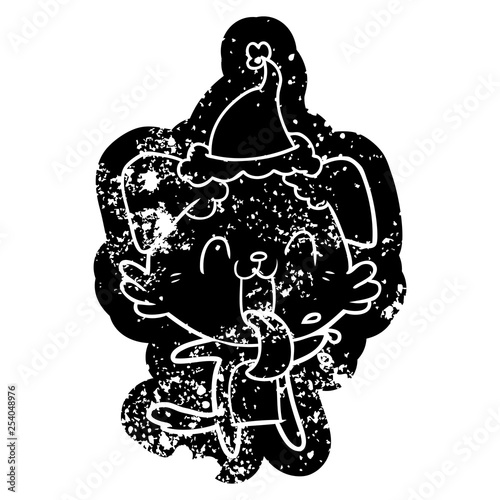 cartoon distressed icon of a panting dog wearing santa hat