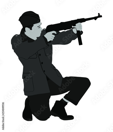 Second world war army soldier with rifle vector illustration. WW2 soldier with rifle aim and shoot at the enemy. photo