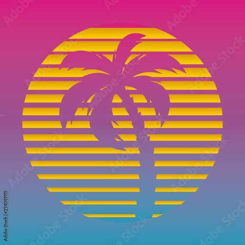 Retro futuristic background 1980s style. Digital palm tree on a cyber ocean in the computer world. Retro Wave music album cover template with sun, palm, island and laser grid ovr the ocean. photo