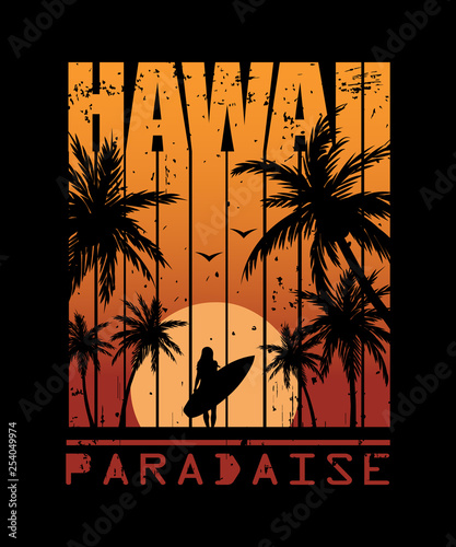 Hawaii vintage typography t-shirt print. Palm beach. Vector illustration