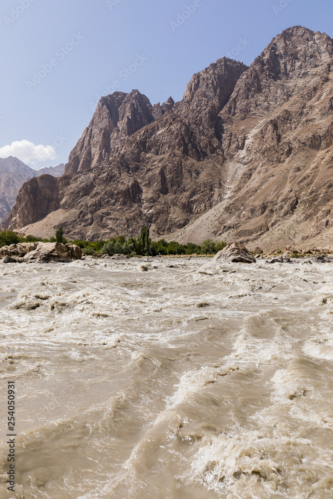 Border river Panj River in Wakhan valley with Tajikistan right and Afghanistan left