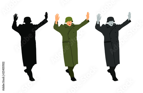 Germany soldier surrender with raised hands in height vector  illustration. Occupier officer in battle defeated soldiers surrendering. WW2 warrior arrest in occupied Europe. Second world war