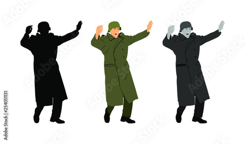 Germany soldier surrender with raised hands in height vector  illustration. Occupier officer in battle defeated soldiers surrendering. WW2 warrior arrest in occupied Europe. Second world war