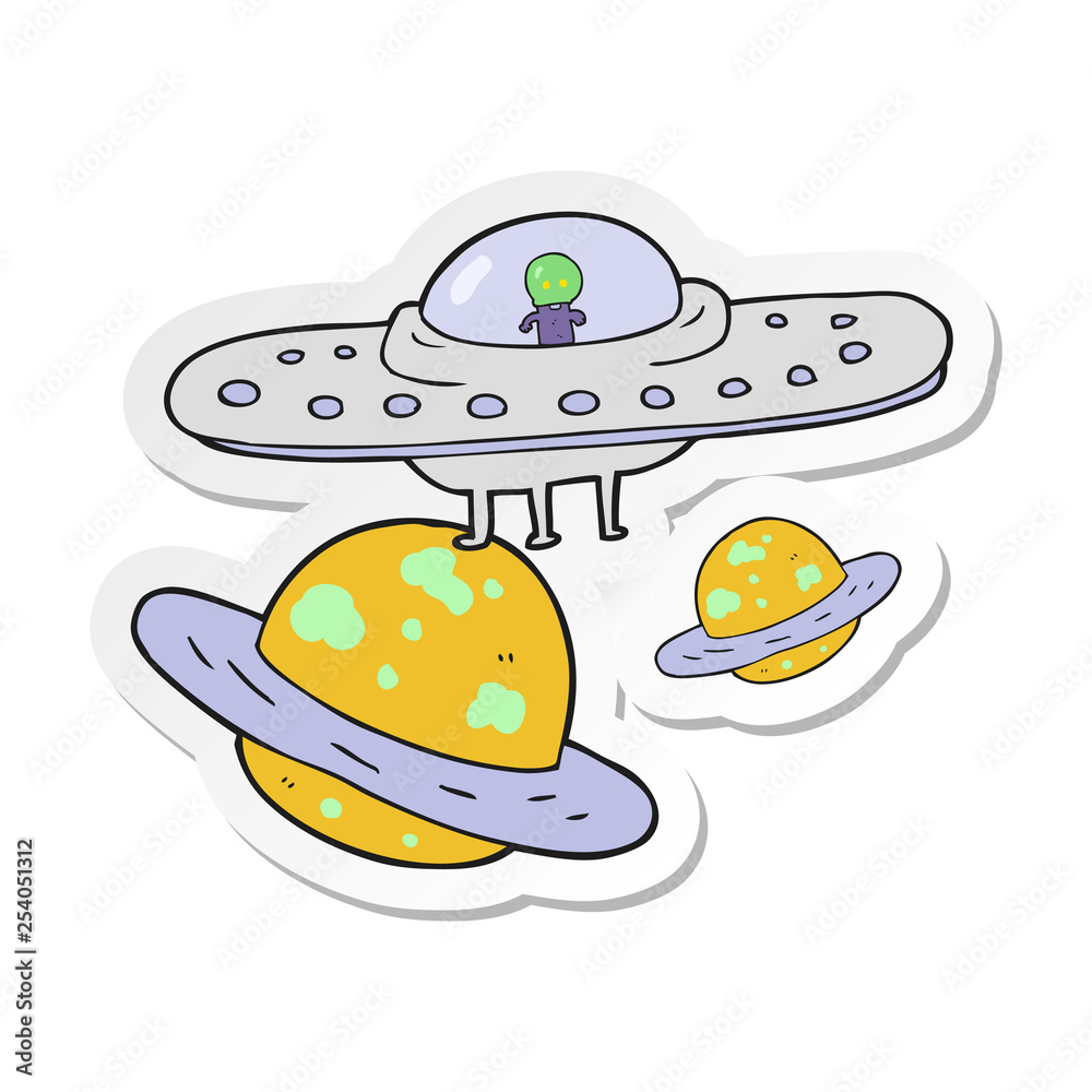 sticker of a cartoon flying saucer in space sticker of a cartoon flying saucer in space