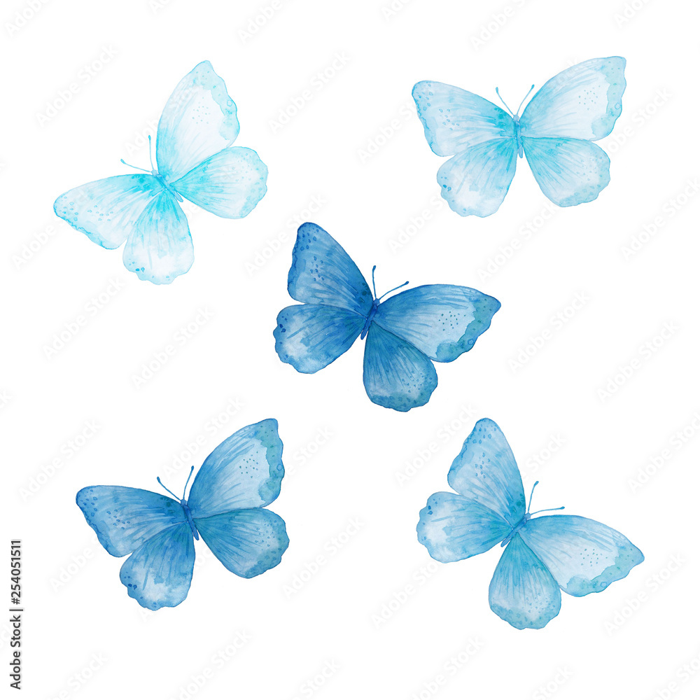 Set of blue butterflies, watercolor Set of blue butterflies, watercolor