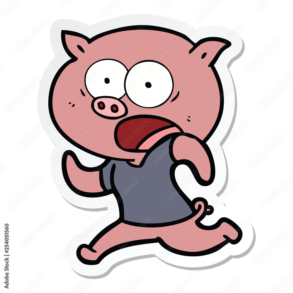 sticker of a cartoon pig running away sticker of a cartoon pig running away