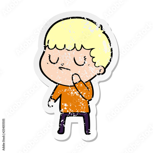 distressed sticker of a cartoon grumpy boy