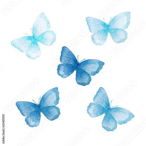Set of blue butterflies  watercolor 