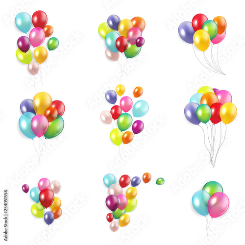 Glossy Happy Birthday Concept with Balloons isolated on white background collection set. Vector Illustration