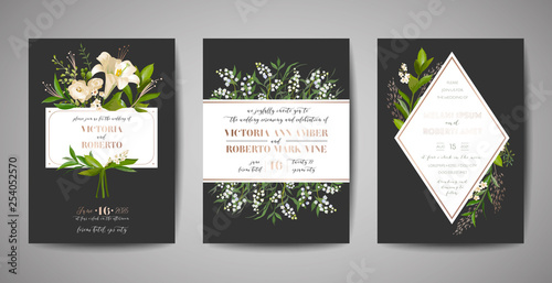 Set of Wedding Invitation, floral invite, thank you, rsvp rustic card design with gold foil decoration. Vector elegant modern template on black background