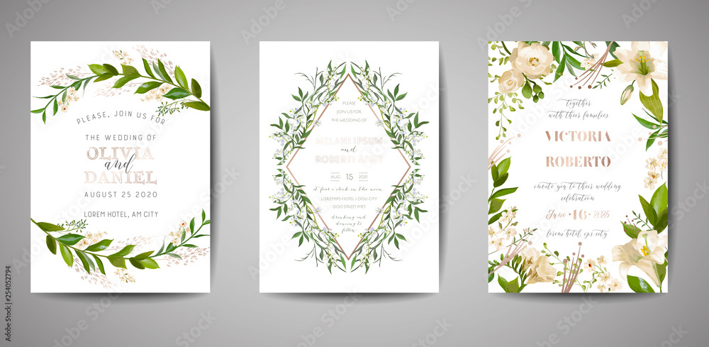 Set of Wedding Invitation, floral invite, thank you, rsvp rustic card design with gold foil decoration. Vector elegant modern template on white background