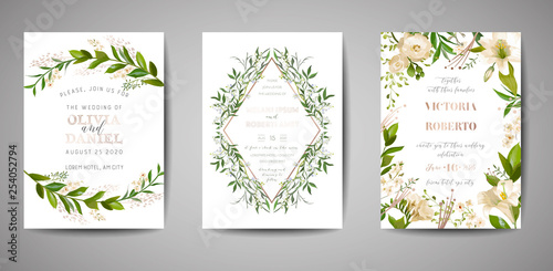 Set of Wedding Invitation  floral invite  thank you  rsvp rustic card design with gold foil decoration. Vector elegant modern template on white background