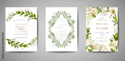 Set of Wedding Invitation, floral invite, thank you, rsvp rustic card design with gold foil decoration. Vector elegant modern template on white background