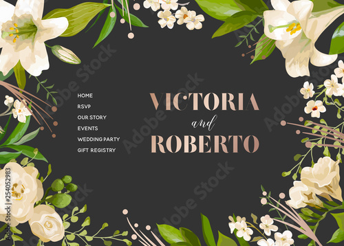 Wedding Salon Internet Shop Floral Landing Page Template. Spring Sale Banner Web Page Website with Flowers. Wedding Invitation Romantic Design. Vector illustration