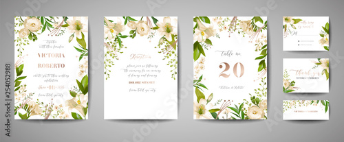 Floral wedding set of cards invitation, rsvp, thank you, reception, save the date, template design, trendy cover, graphic poster, brochure with white lily flowers and gold foil elements in vector