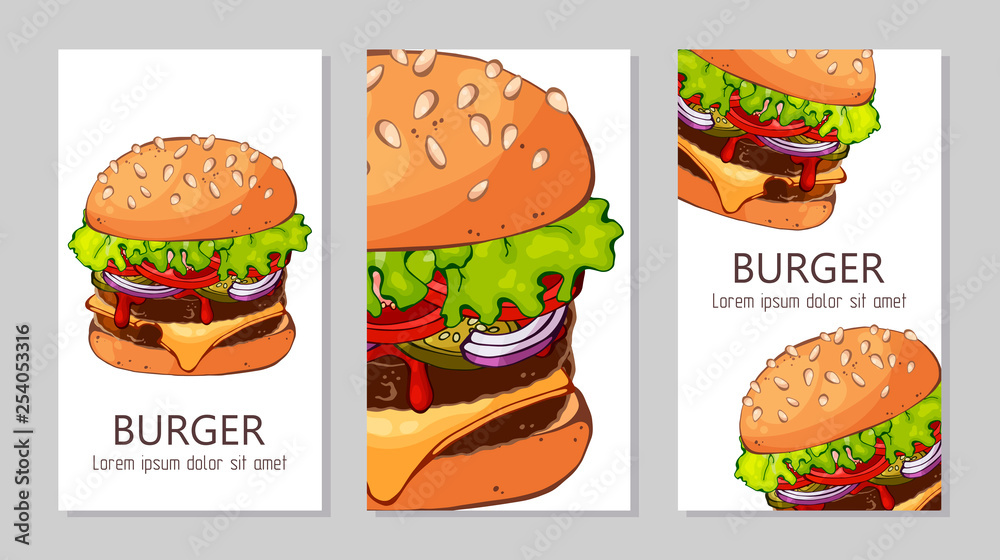 Template for advertising burgers from different recipes. Template for advertising burgers from different recipes.