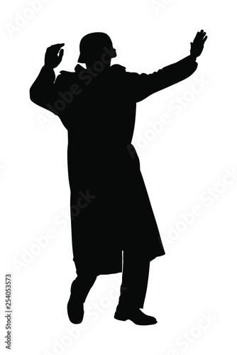 Germany soldier surrender with raised hands in height vector silhouette illustration. Occupier officer in battle defeated soldiers surrendering. WW2 warrior arrest in occupied Europe. Second world war