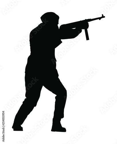 Red army soldier vector silhouette. Soldier with rifle. Partisan against Nazi Germany in WW2. Fierce struggle in occupied Europe. Soviet troops against aggressors in battle. Second World war fighter.