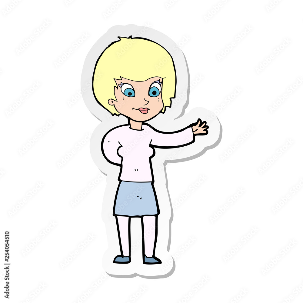 sticker of a cartoon welcoming woman sticker of a cartoon welcoming woman