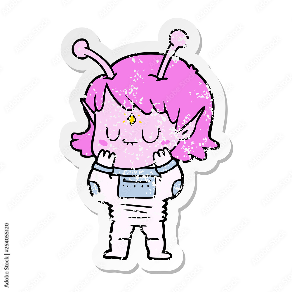 distressed sticker of a cartoon alien girl distressed sticker of a cartoon alien girl