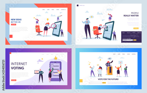 Recruitment Job Interview Concept Landing Page. Vacant Sign on Chair. Male and Female Character Looking for Candidate Website or Web Page Set. Internet Voting Flat Cartoon Vector Illustration