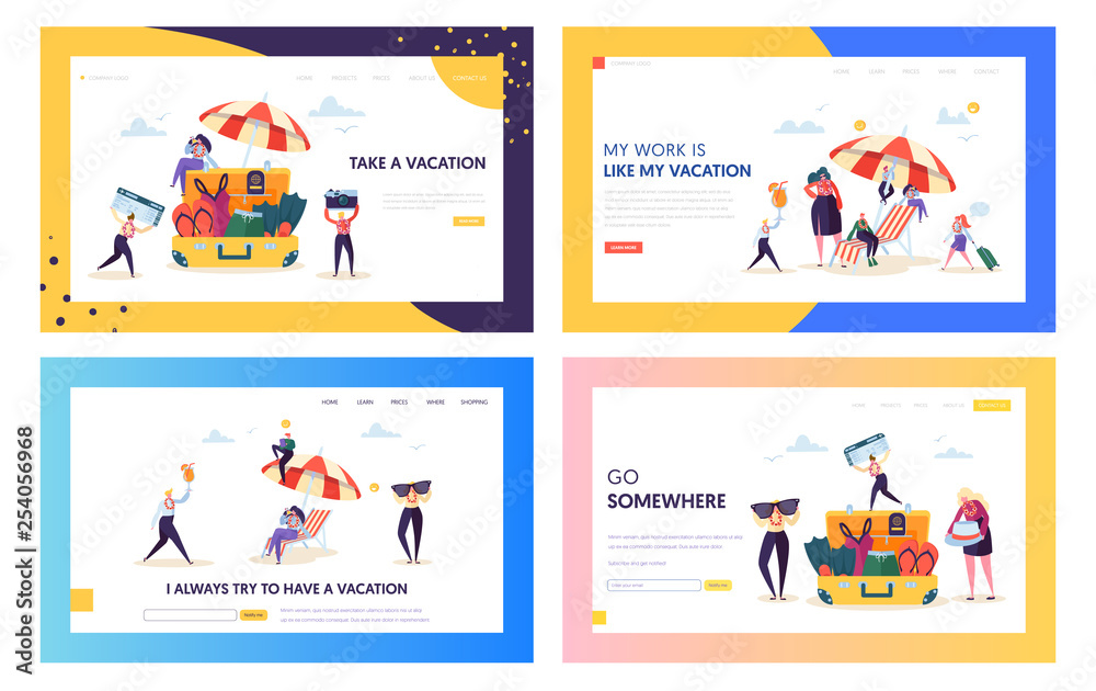 Office Worker Moving to Beach Concept Landing Page. Happy Business Character Pack for Vacation Set. People with Glasses Camera Plane Ticket Website or Web Page. Flat Cartoon Vector Illustration