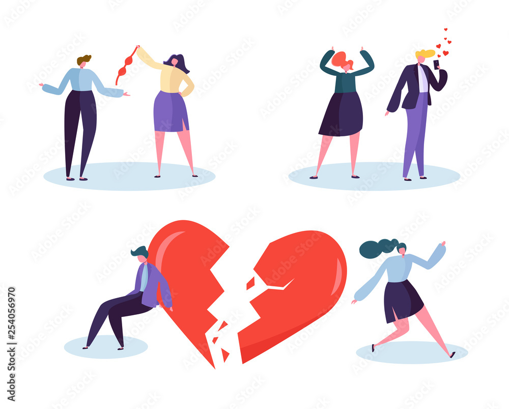 Broken Heart People Love Relation Concept. Unhappy Male and Female  Character Suspect Partner Jealousy. Wife See How Husband Talking with  Girlfriend. Flat Cartoon Vector Illustration Stock Vector | Adobe Stock