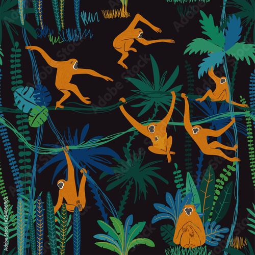 Monkey In Jungle Seamless Pattern.