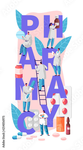 Pharmacy Business Online Drug Store Character Typography Banner. Pharmacist Care for Patient. Professional Medical Industry for Healthcare Advertising Vertical Poster Flat Cartoon Vector Illustration