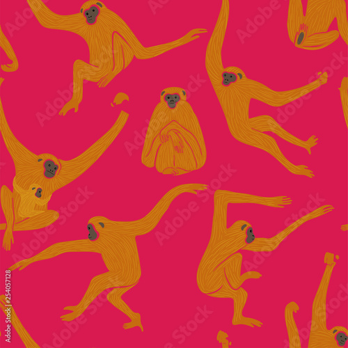 Seamless Pattern With Gibbon Monkey In Action. Fototapet