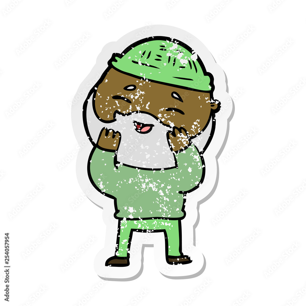 distressed sticker of a cartoon happy bearded man
