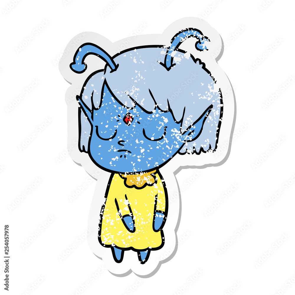 distressed sticker of a cartoon alien girl distressed sticker of a cartoon alien girl